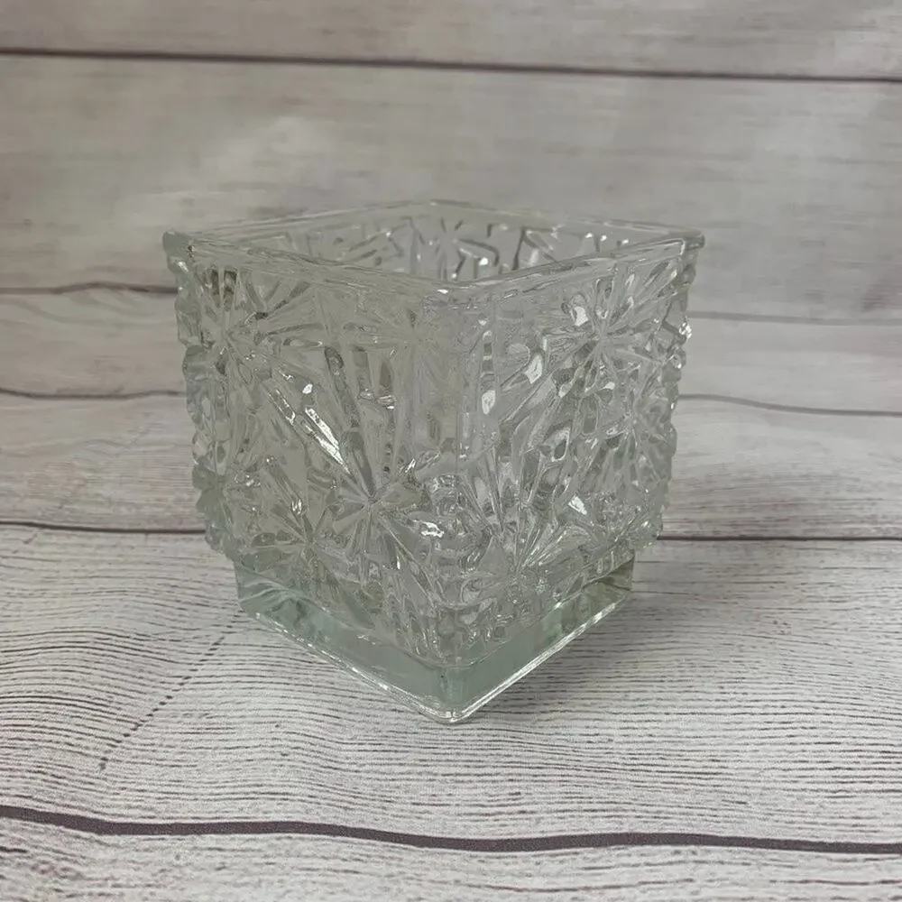 Vintage Avon Square Crystal Glass Candle Holder Diamond Cut Snowflake 3 3/4